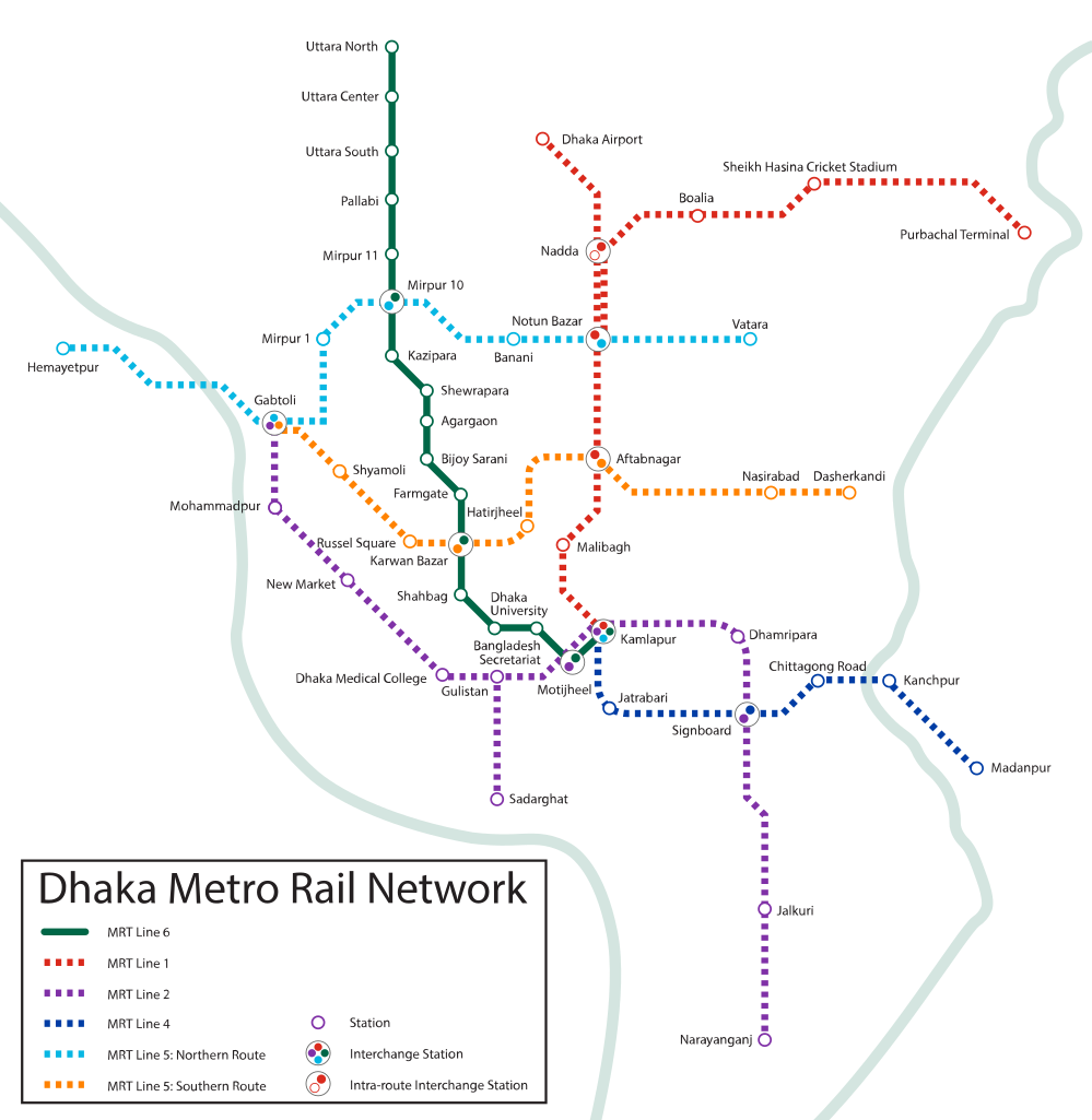 Dhaka Metro Rail Network Plan showing MRT Line 1, 2, 4, 5, and 6 with all stations and interchange points