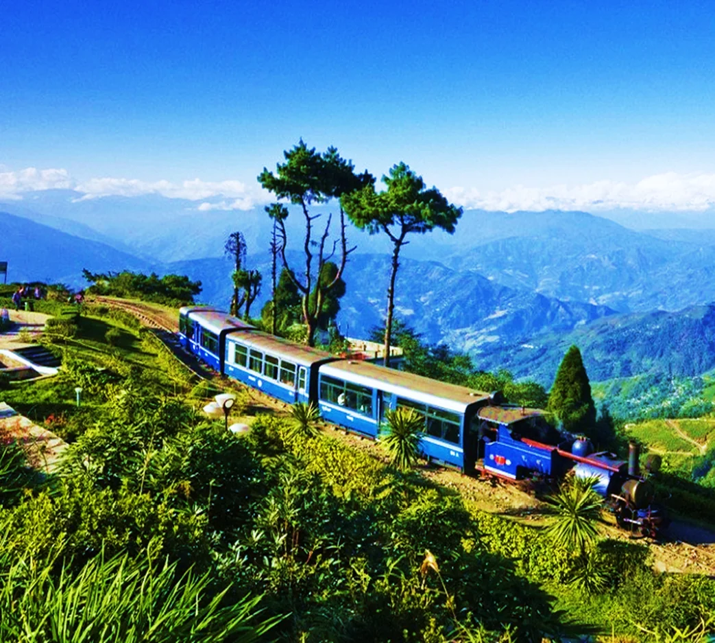 Darjeeling Himalayan Railway toy train passing through the misty mountains of West Bengal, India