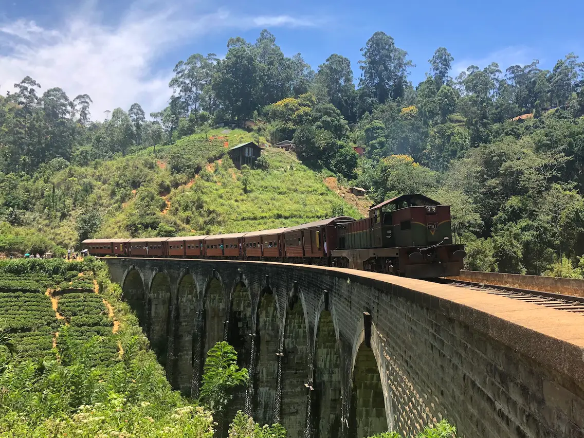 Blue train winding through lush green tea plantations between Kandy and Ella in Sri Lanka