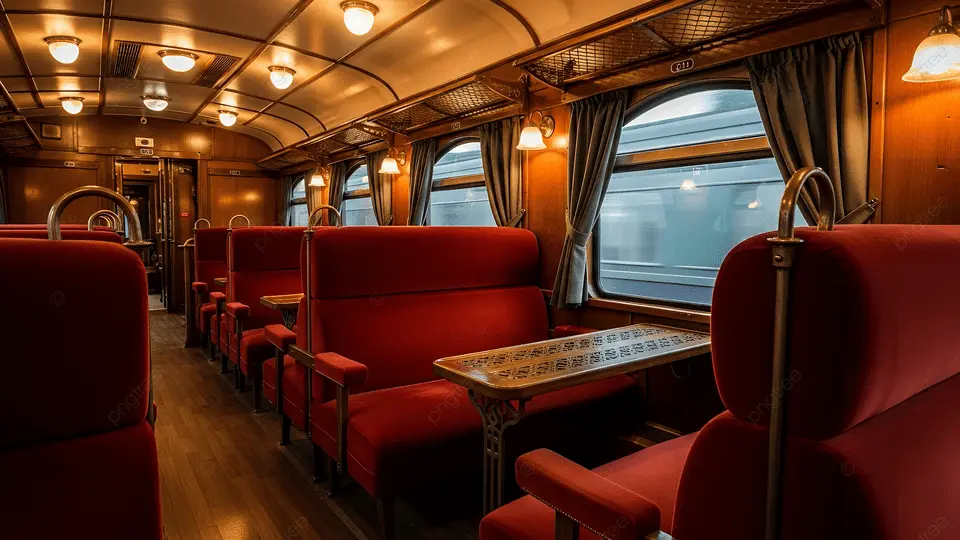 Luxurious train cabin interior with elegant dining setup and ornate decor