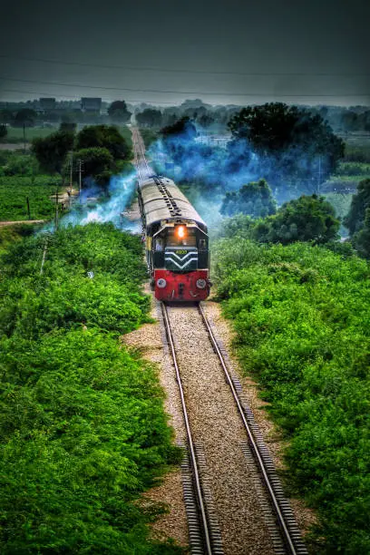 Pakistan Railways train traveling through scenic countryside