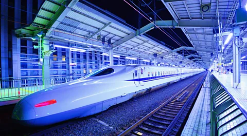 Japanese Shinkansen bullet train at station platform