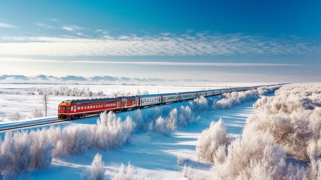 Trans-Siberian Railway train in snowy Russian landscape